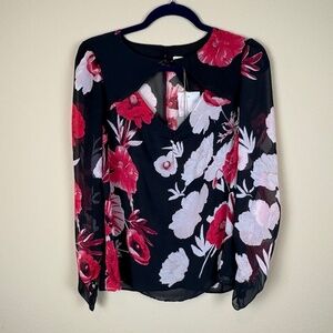 NWT NY&C Eva Mendes Sheer Black/Pink Floral Long Sleeve Key Hole Blouse; Size S
